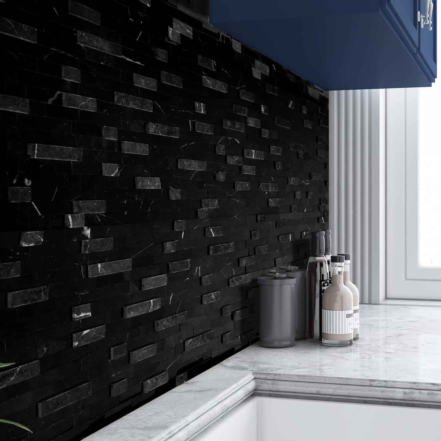 Peel and Stick 3D Stone Mosaic Tiles - 12x11" Self-Adhesive Backsplash for Kitchen & Bathroom - 5 Sheets, Mixed Tan
