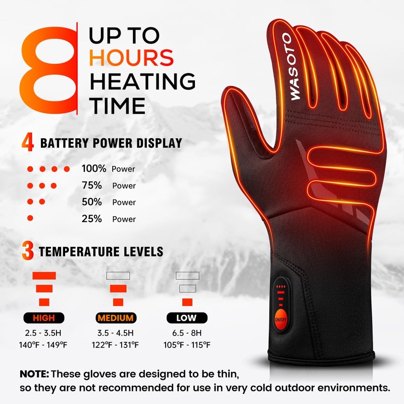 WASOTO Heated Glove Liners for Men Women 7.4V Battery 22.2WH Thin Gloves Electric Rechargeable Touchscreen Heated Work Gloves for Camping Hunting Fishing Hiking Running Driving Arthritis Raynaud(M)