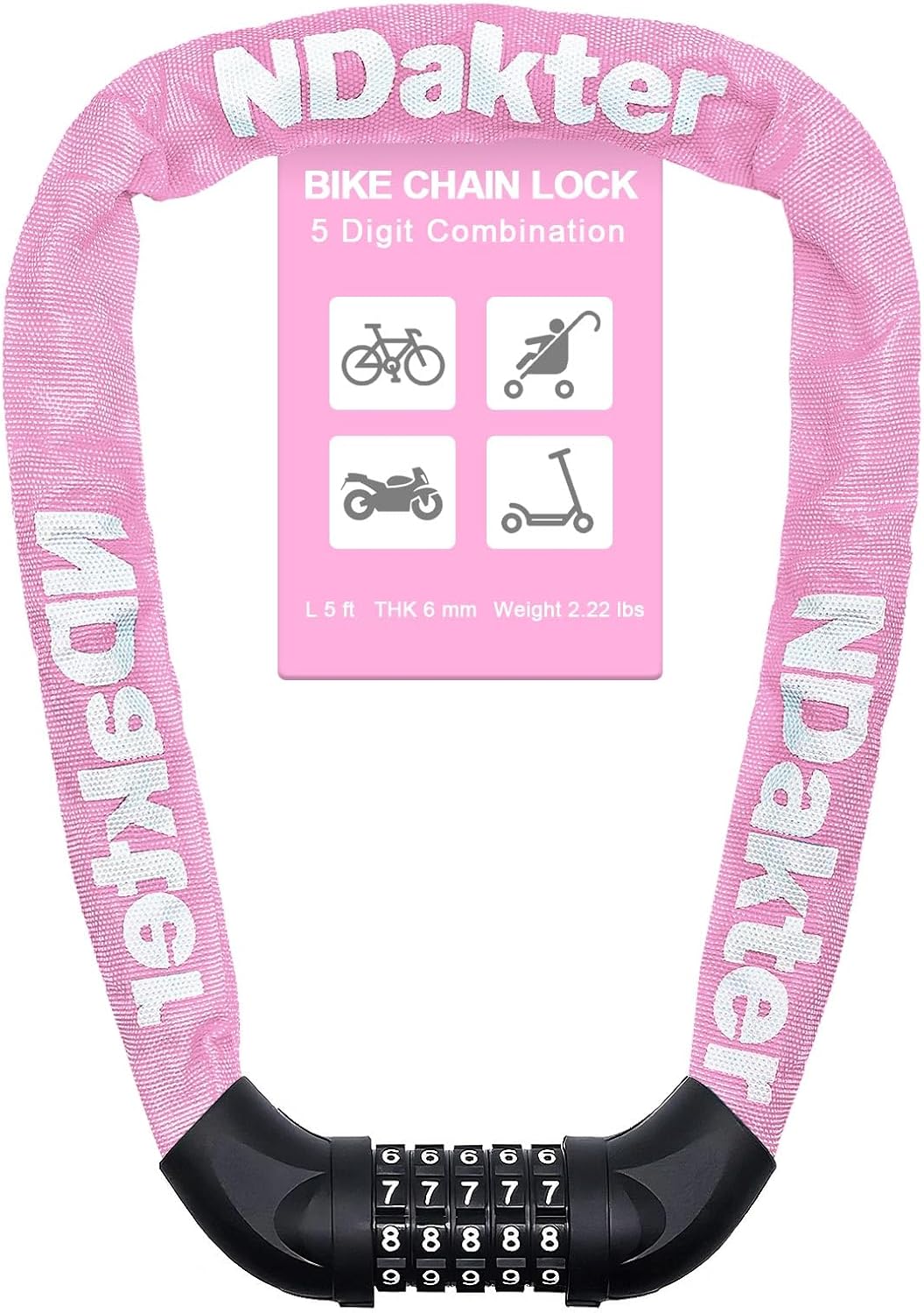 NDakter Heavy-Duty Bike Lock - 5-Digit Combination Anti-Theft Chain Lock | 2.62 to 6 Ft Length, High Security