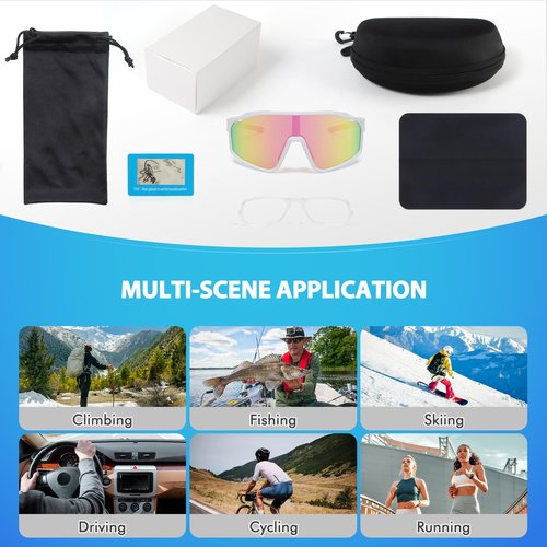 MMOWW Polarized Sports Sunglasses for Men Women Cycling Glasses Wrap Around UV400 Protection Running Driving Fishing, White/Pink