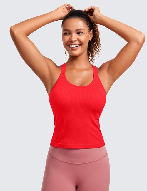 CRZ YOGA Seamless Ribbed Tank Top - Women's Racerback Athletic Camisole with Built-In Bra, Padded Design