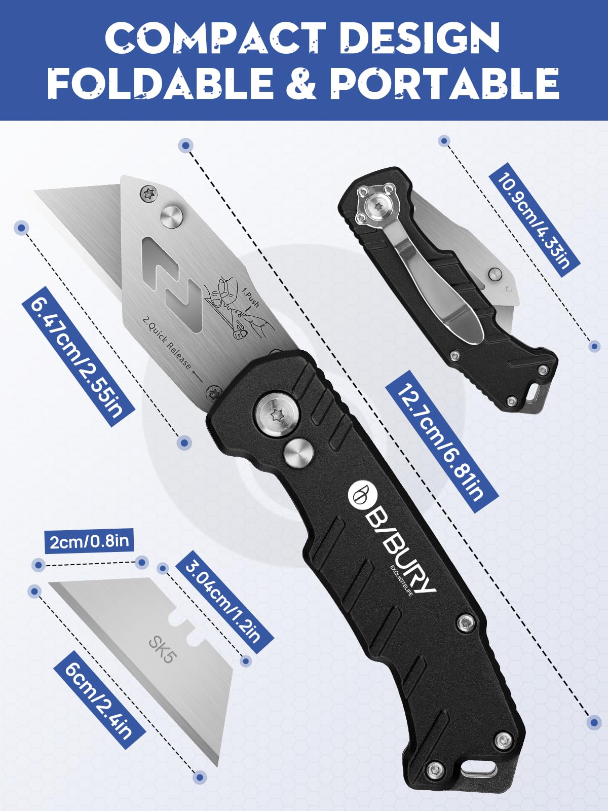 Utility Knife, BIBURY Upgraded Version Heavy Duty Box Cutter, Pocket Carpet knife with 10 Replaceable SK5 Stainless Steel Blades, Belt Clip, Easy Release Button, Quick Change and Safety Lock