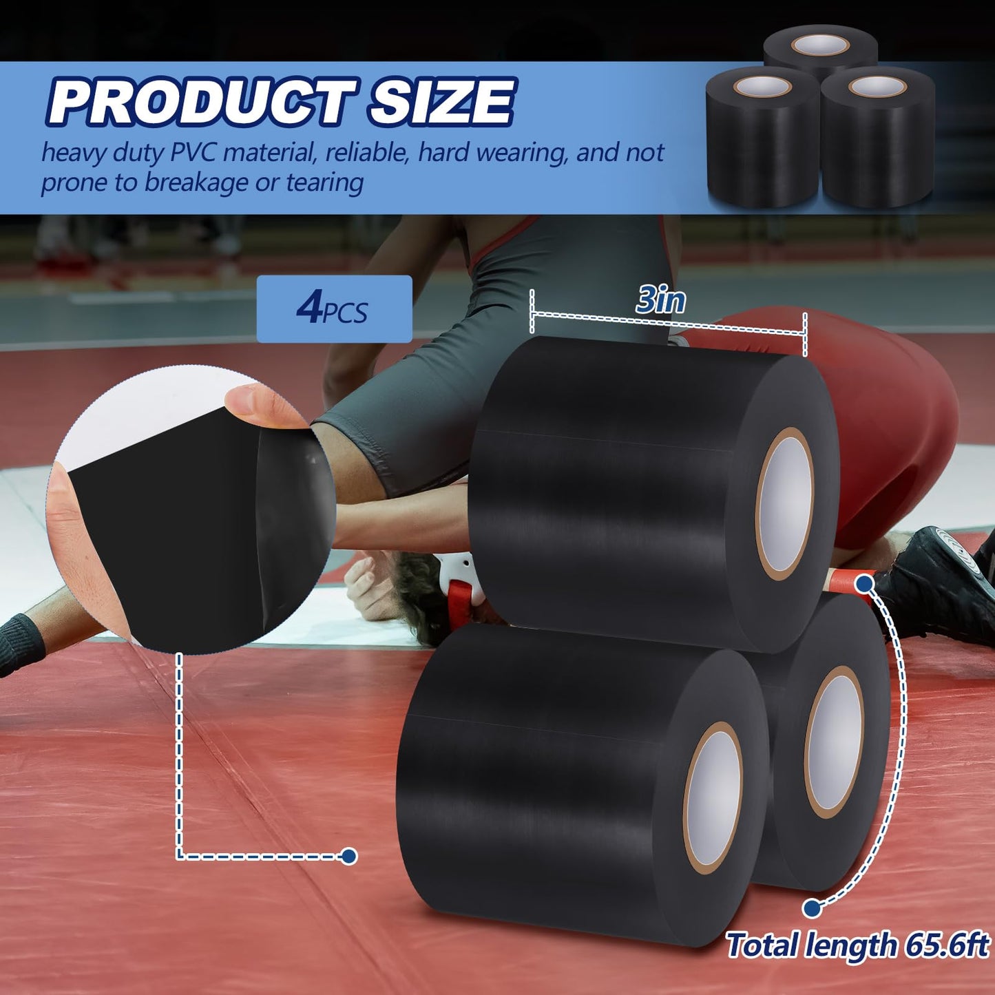 Pangda Wrestling Mat Tape 3 or 4 Inch Heavy Duty 7 Mil PVC Carpet Tape for Wrestling Grappling Exercise Mats Seaming Cover Gym Floor Carpet Seam(3'',Black,2 Rolls)