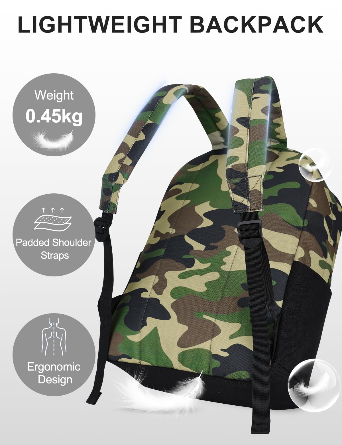 VASCHY Lightweight Backpack for Men, Water Resistant Classic Daypack for Travel, Work, College with Side Bottle Pockets Camo Black