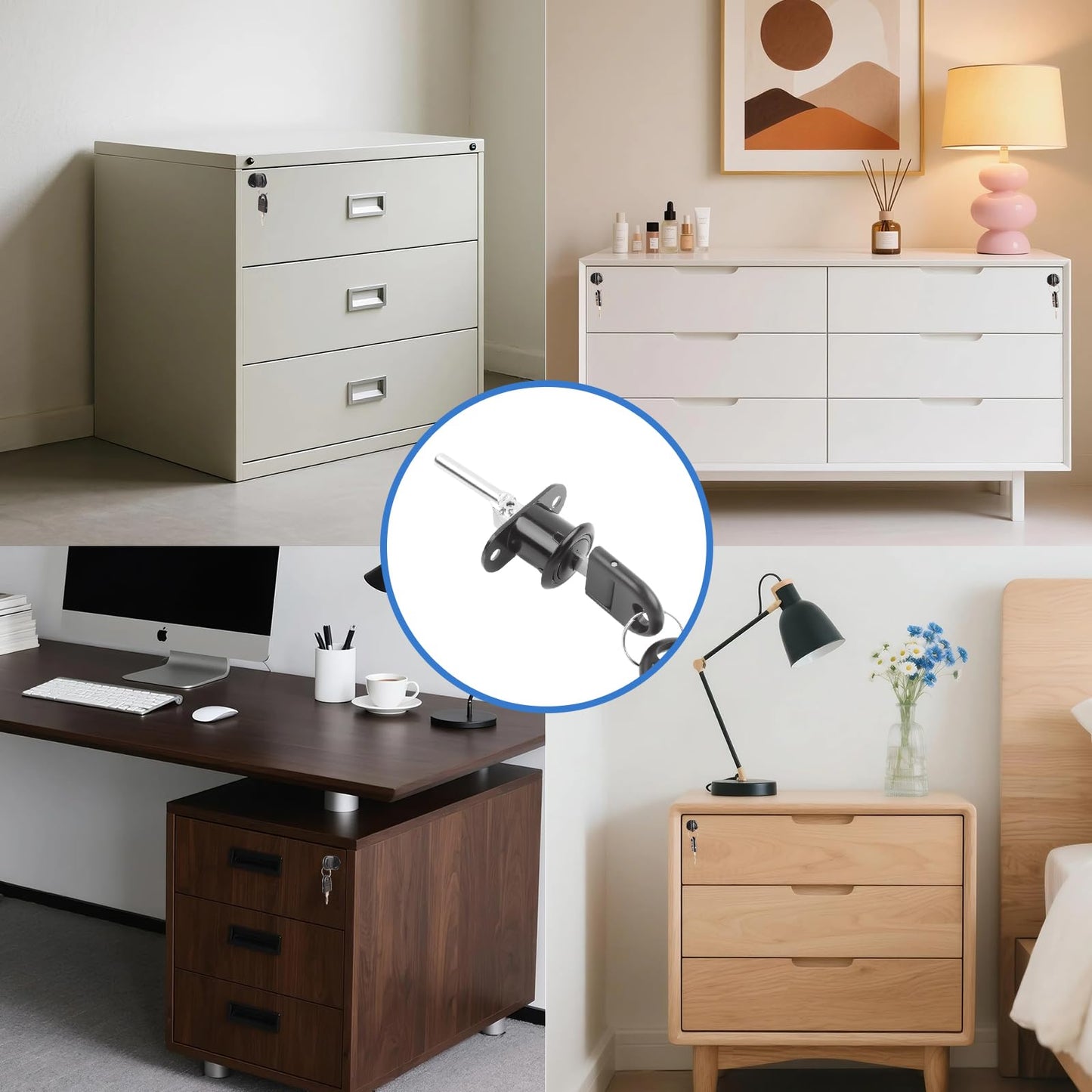 HOWDIA 2 Pcs - Drawer Lock Cabinet Locks with Keys, Zinc Alloy Desk Locks File Cabinet Lock for Wardrobe Furniture Locker Showcase with 2 Key 19mm (Black, Keyed Different)