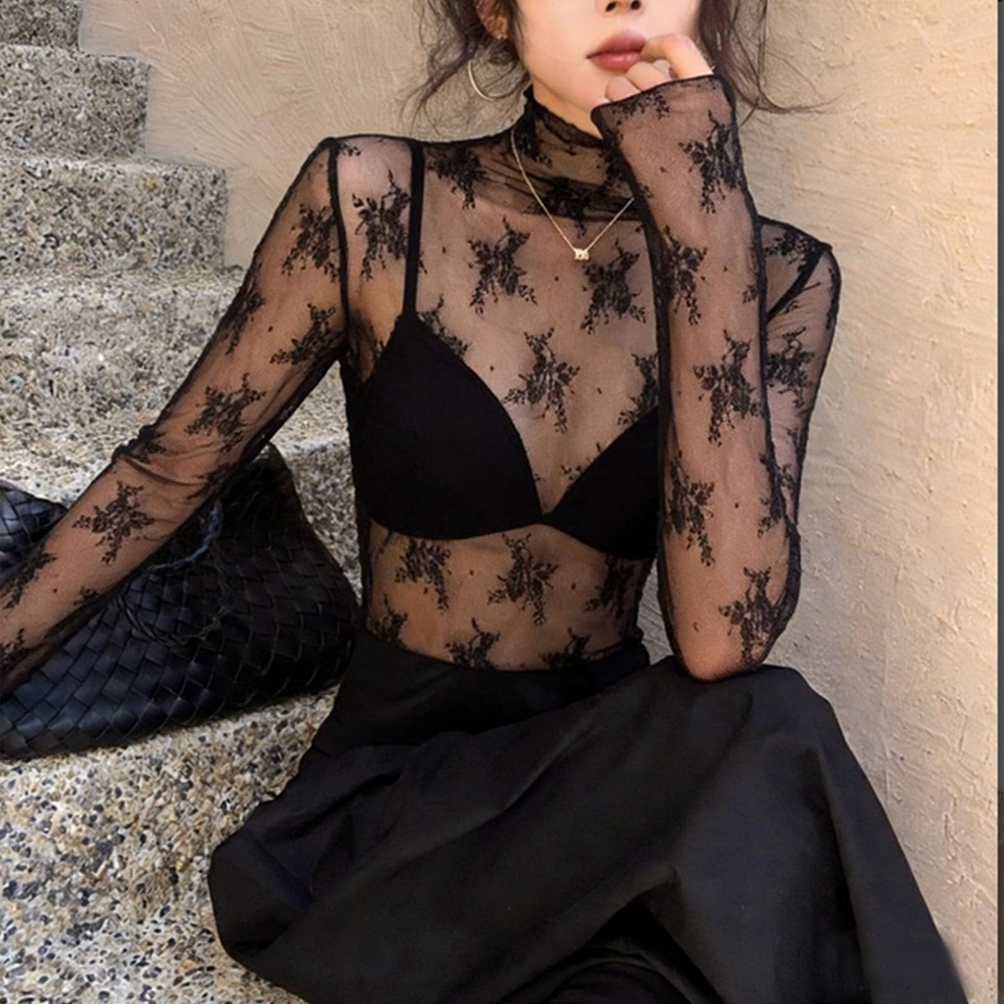 Women's Lace Mesh Long Sleeve Tops, Sexy See Through Mock Neck Sheer Shirt for Date Night & Party & Club Blouse (US, Alpha, Medium, Regular, Regular, Black)