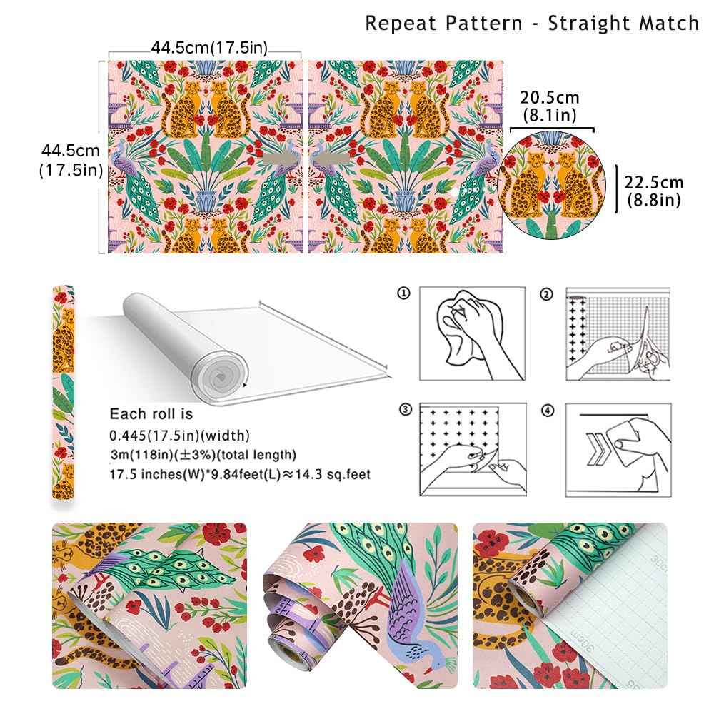 Luvdecor Wallpaper Peel and Stick Leopard Jungle Animal Wallpaper for Renter Removable Boho Leaf Wallpapers for Bathroom Self Adhesive Contact Paper for Cabinets 17.5 x 118 in