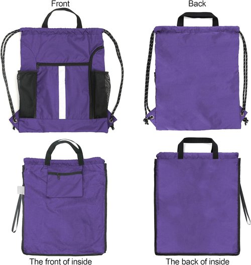 BeeGreen Gym Backpack - Lightweight Purple Drawstring Bag with Shoe Compartment & Dual Water Bottle Holders