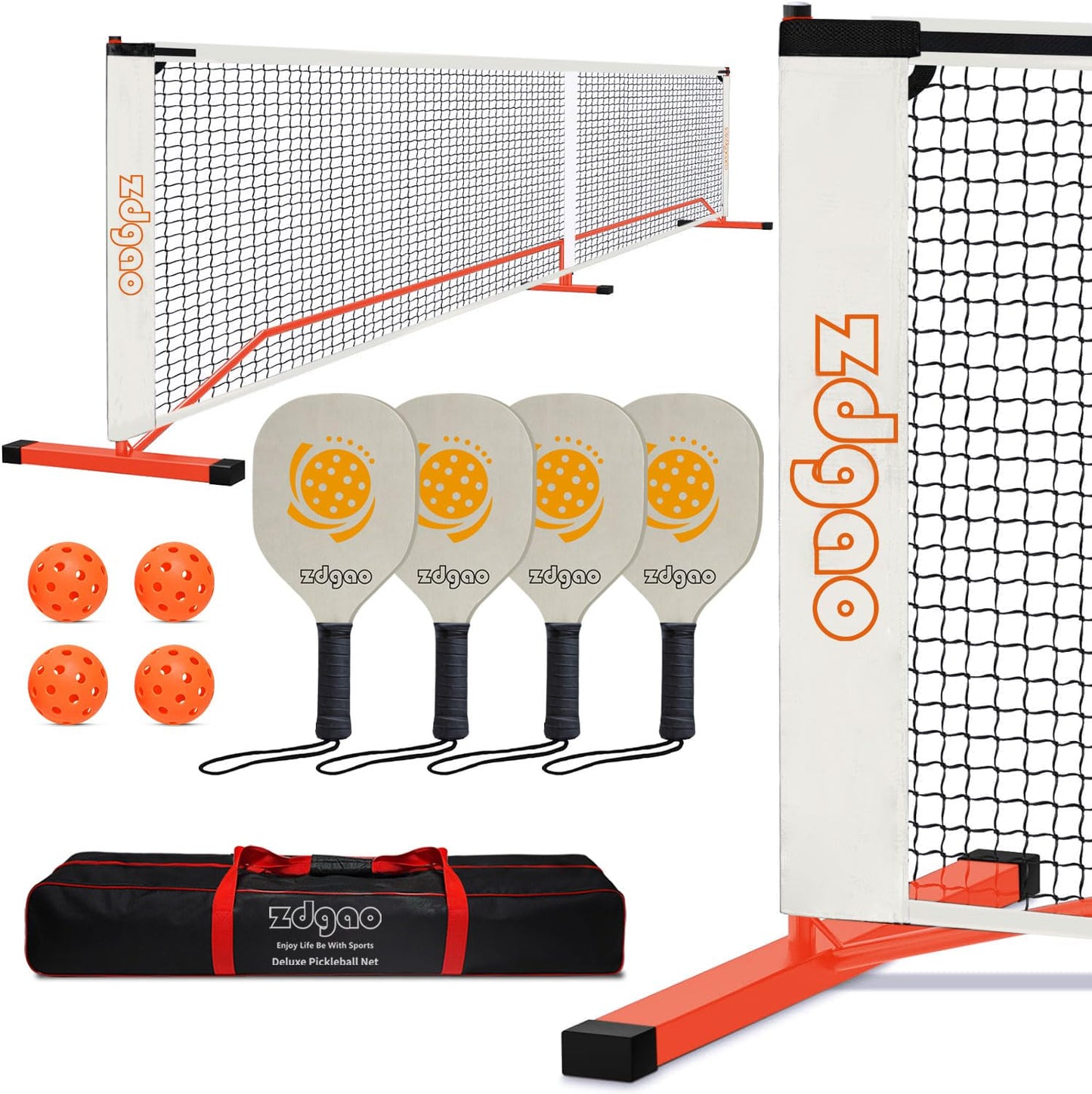 Zdgao Portable Pickleball Net Set with 4 Pickleball Paddles, Official Size Pickleball Net, 4 Outdoor Pickleballs and Carry Bag, Weather Resistance Strong Steel Frame