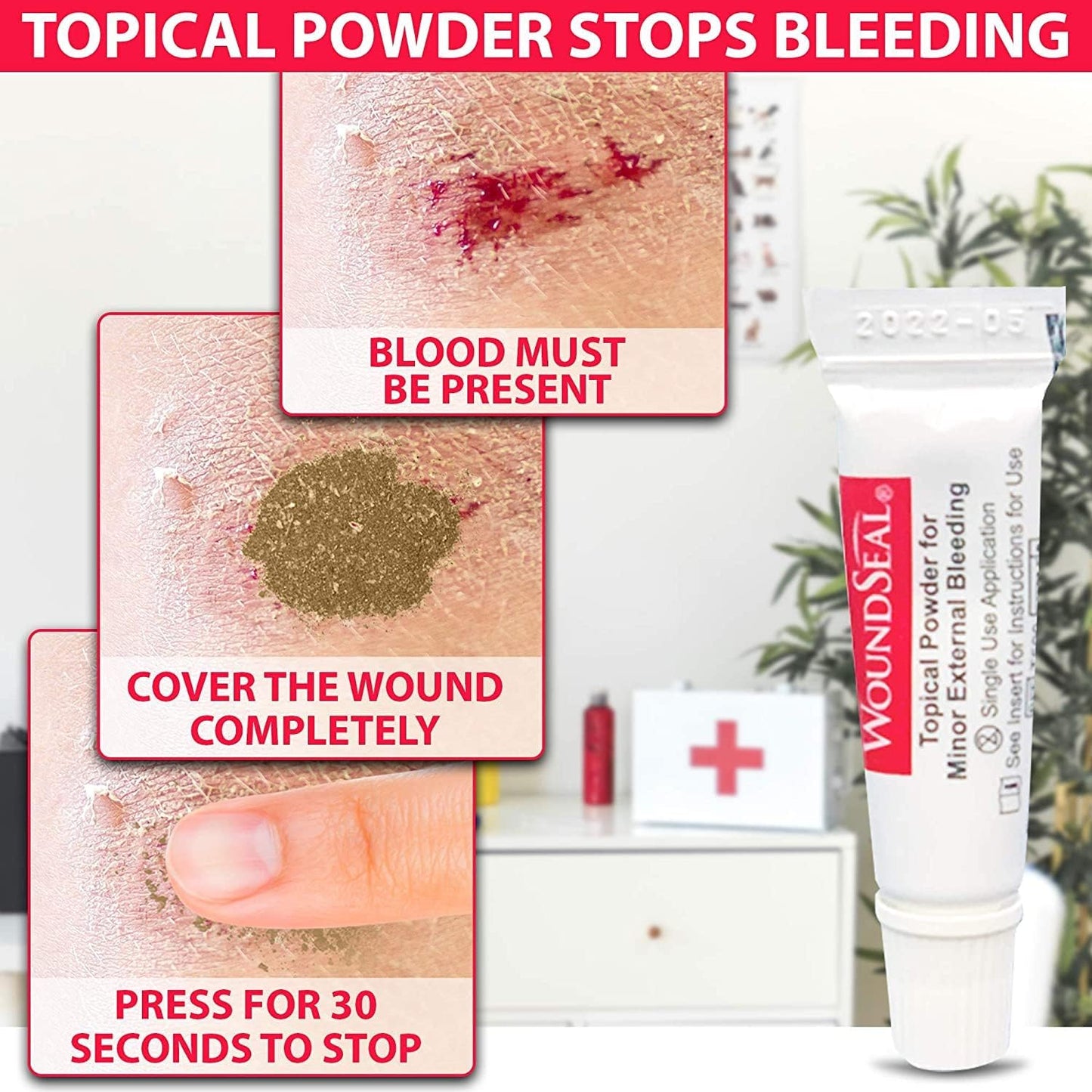 WoundSeal Powder 4 Each (Pack of 4) - Wound Care First Aid for Cuts, Scrapes and Abrasions - Stops Bleeding in Seconds Without Stitches or Bandages
