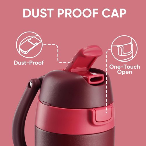 Fijinhom Insulated Water Bottle - 18 oz Stainless Steel with 2-in-1 Straw & Push-Button Lid | Red, BPA-Free