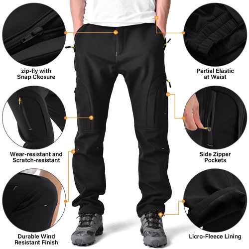 Toomett Men's Snow Pants Skiing Winter Insulated Soft Shell Outdoor Fleece Lined Hiking Pants with Zipper Pockets,MH4409,Black,44