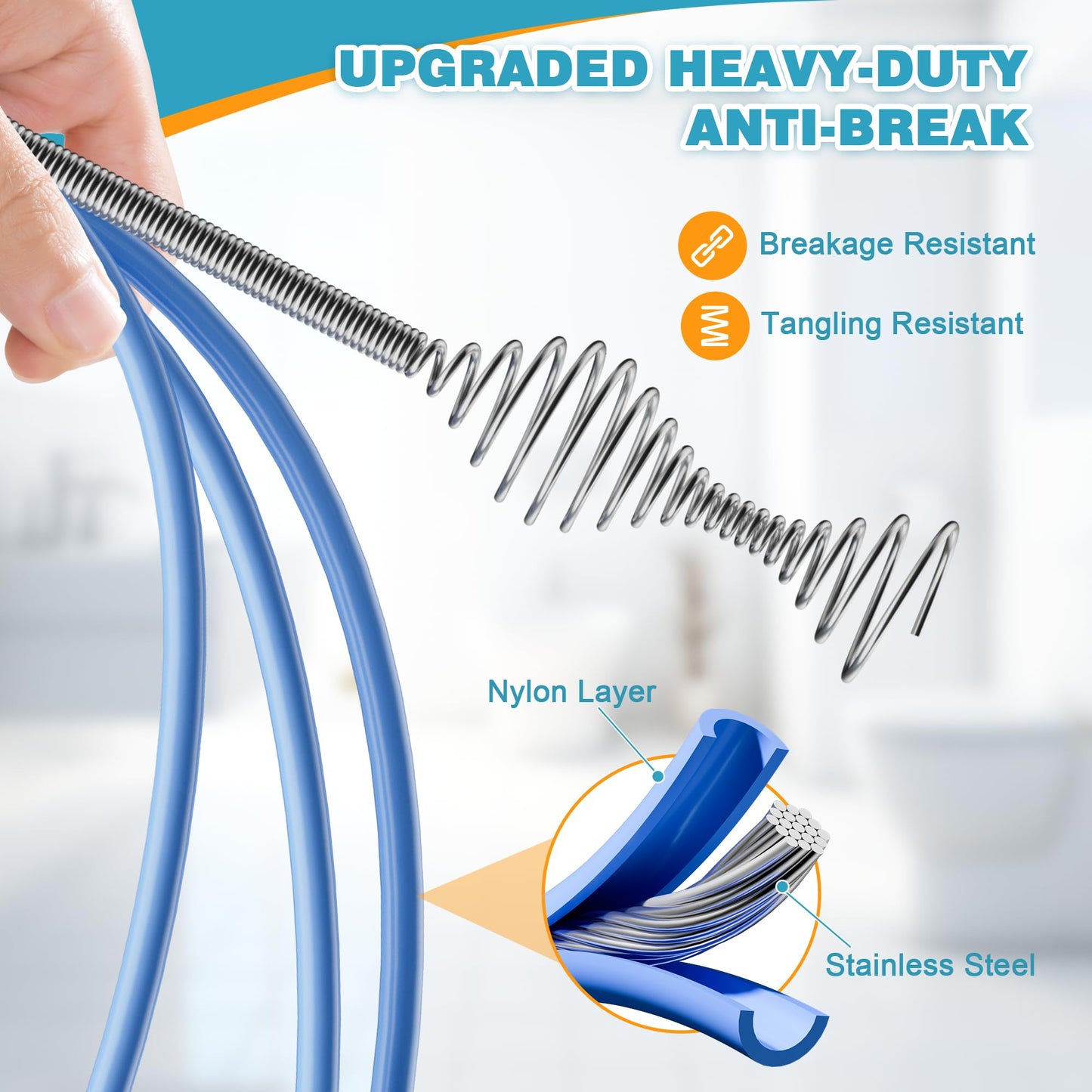 50 Inch Drain Snake Hair Drain Clog Remover, Replaceable & Reusable Sink Snake with 5 Spring Heads & Rotating Handle, Anti-break Steel Sink Drain Cleaner for Bathroom, Shower, Bathtub