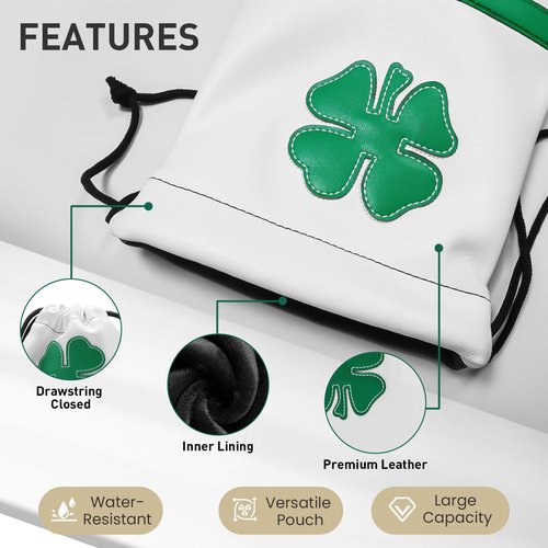 FINGER TEN Golf Valuables Pouch Ball and Tee Bag with Drawstrings for Men Women Leather Pack, Golf Bag Accessories Gift Ideas (Clover)