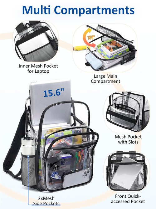 Flowston Extra Large Clear Backpack with TSA Lock, Heavy Duty Transparent See Through Clear Bookbag for College, Work, Travel, Casual Sport, Black