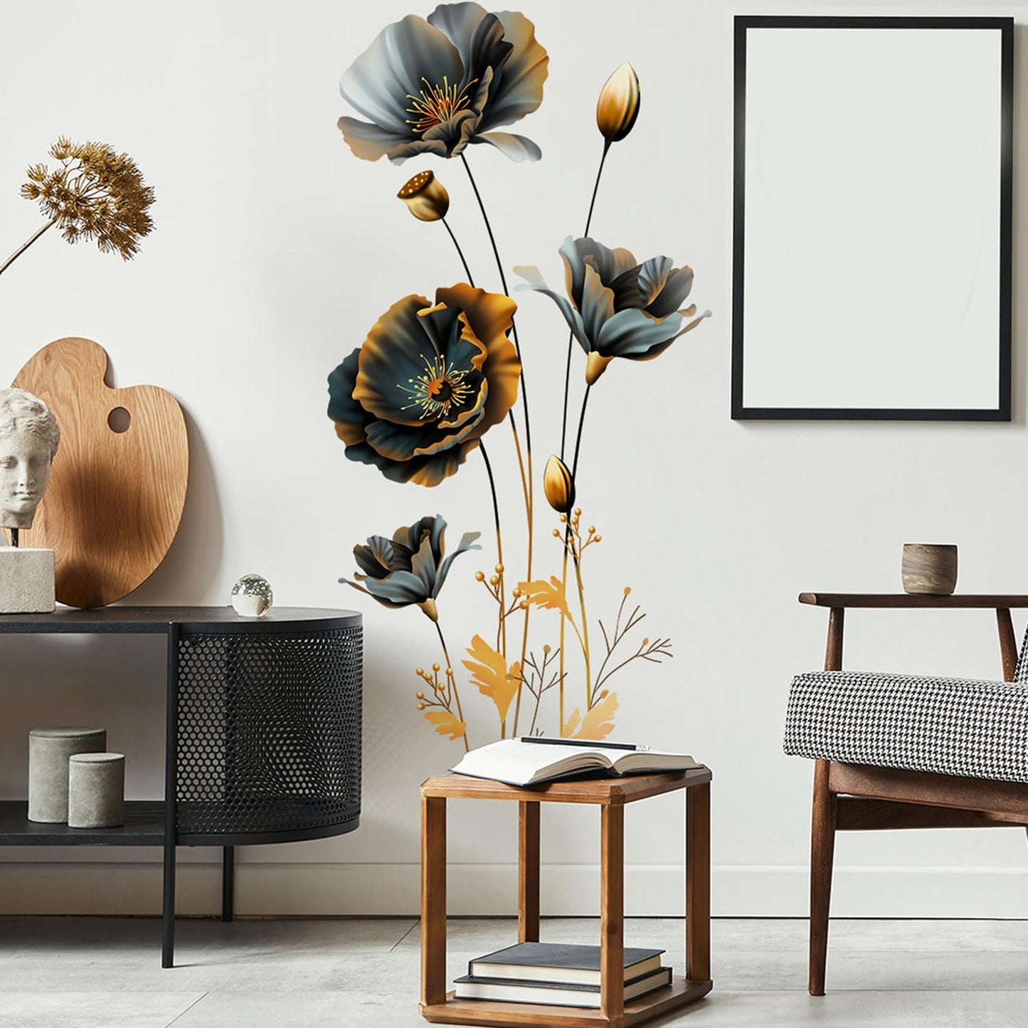 Black Gold Wall Decals 3D Flower Wall Sticker, Classical Plum Blossom Flower Decals Peel and Stick 3D Wall Art Murals for Girls Bedroom Nursery Living Room TV Home Decor