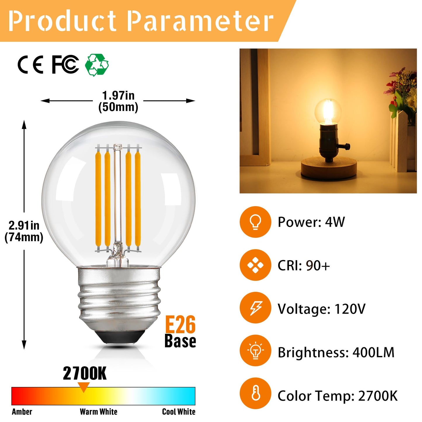 PADMO LUDAZ Dimmable LED G16.5 Light Bulb 40W Equal 4W,Small Round Light Bulbs Globe Short Light Bulbs for Chandelier,Lamp,Bathroom Vanity,Sconce,Warm White 2700K 400LM,Pack of 2