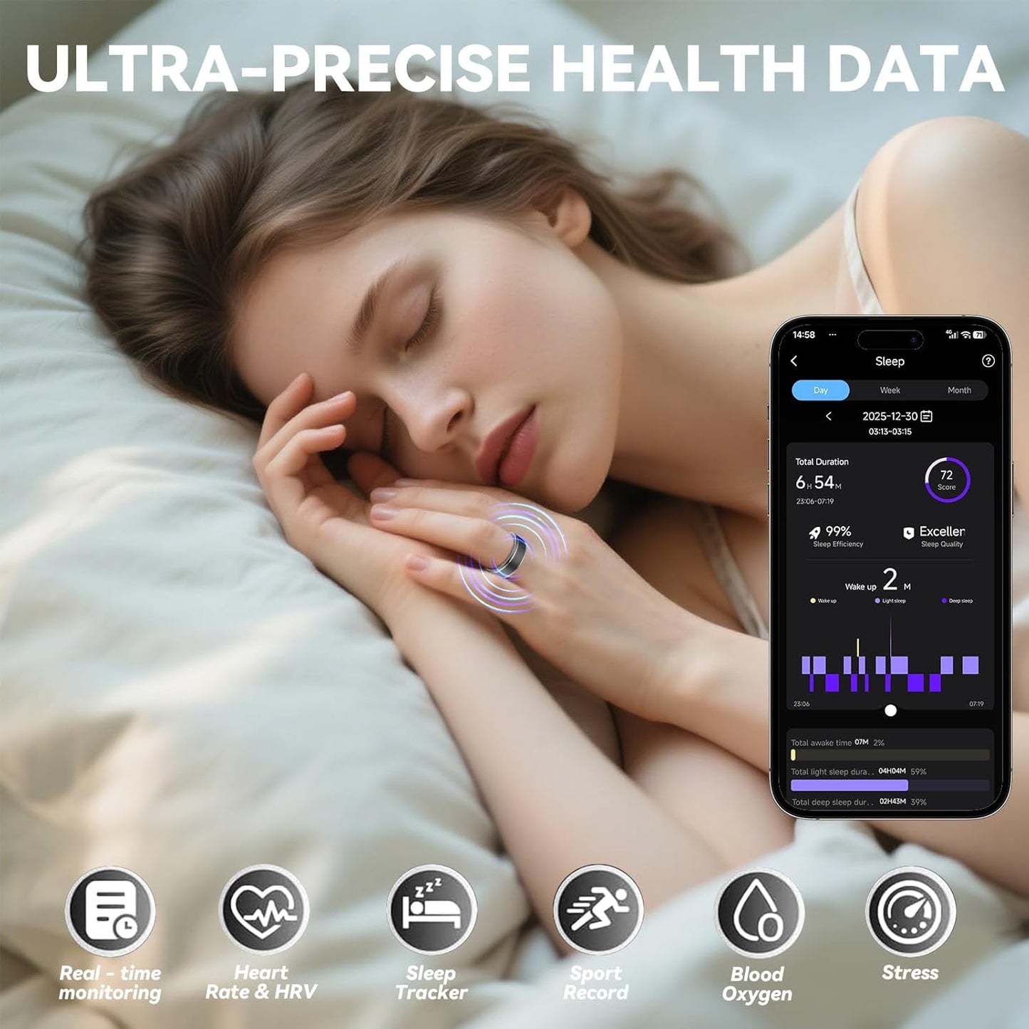 Smart Ring - 24/7 Fitness Tracker for Men & Women | Stress & Sleep Monitoring, Black, Size 8
