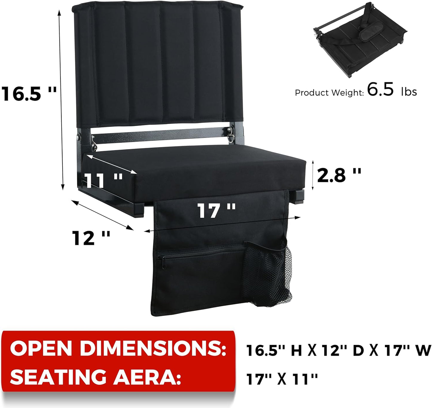 Sport Beats Stadium Seats - Padded Bleacher Chair with Back Support & Shoulder Strap | Black, 1pc, Regular Size - 17" W x 12" D x 16.5" H