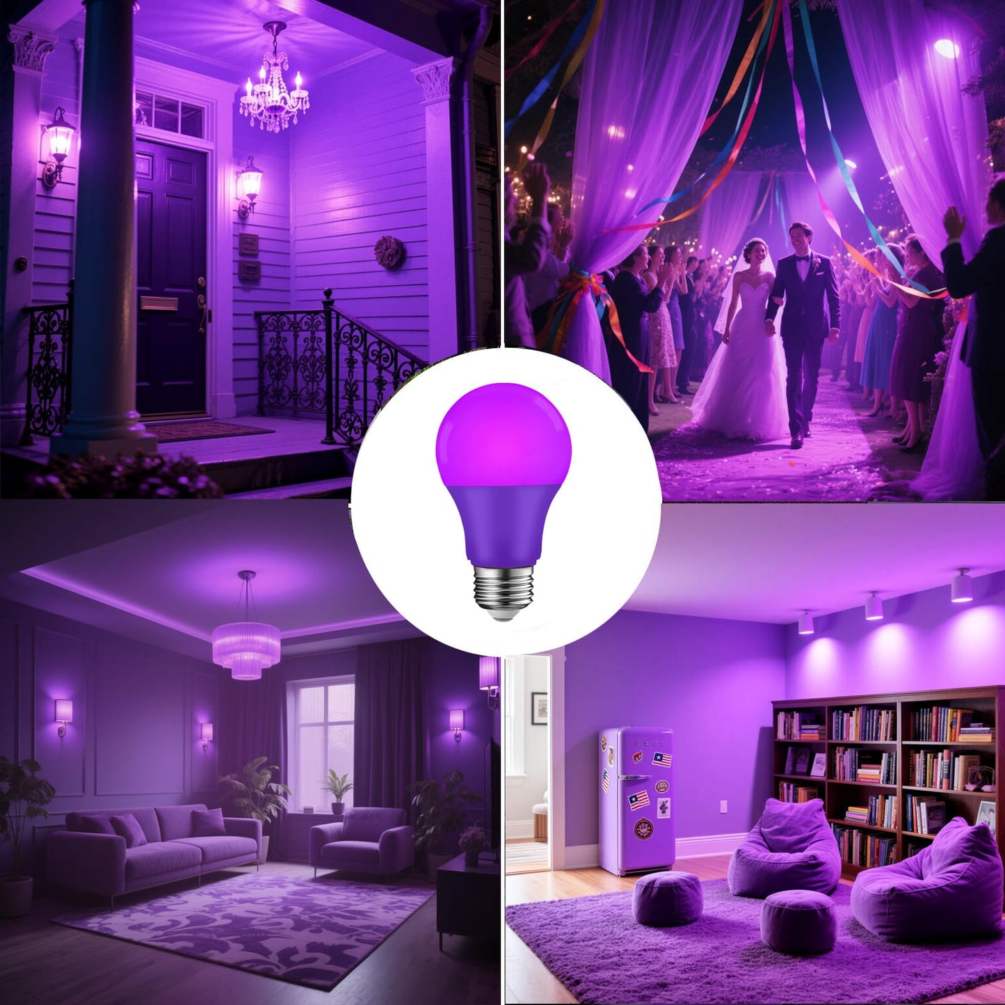 U4GLORY 4 Pack LED Purple Light Bulbs - A19 9W(60W Equivalent) E26 Base LED Purple Light Bulb for Party Decoration, Porch, Halloween Christmas Wedding, Home/Holiday Lighting, Decorative Illumination
