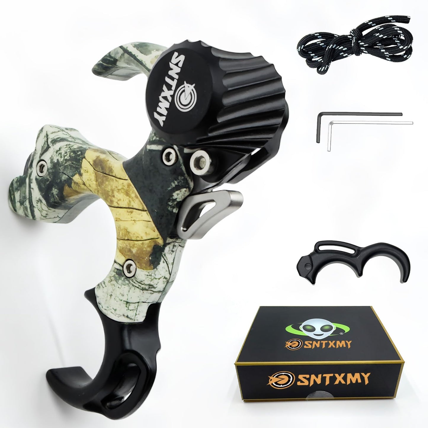 sntxmy Bow Release for Compound Bow, Archery Release Aids, Compound Bow Trigger Release, Button Thumb Release. (3 or 4 Finger Bow Release, Dark Camo)
