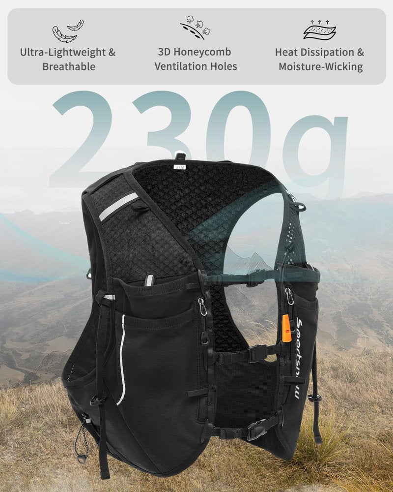 sportsnew Running Hydration Vest for Men Women, Breathable Hydration Backpack for Trail Running Cycling Hiking Marathon (Black with 2 x 500ML Soft Flask, S/M: Chest 28''-34'')