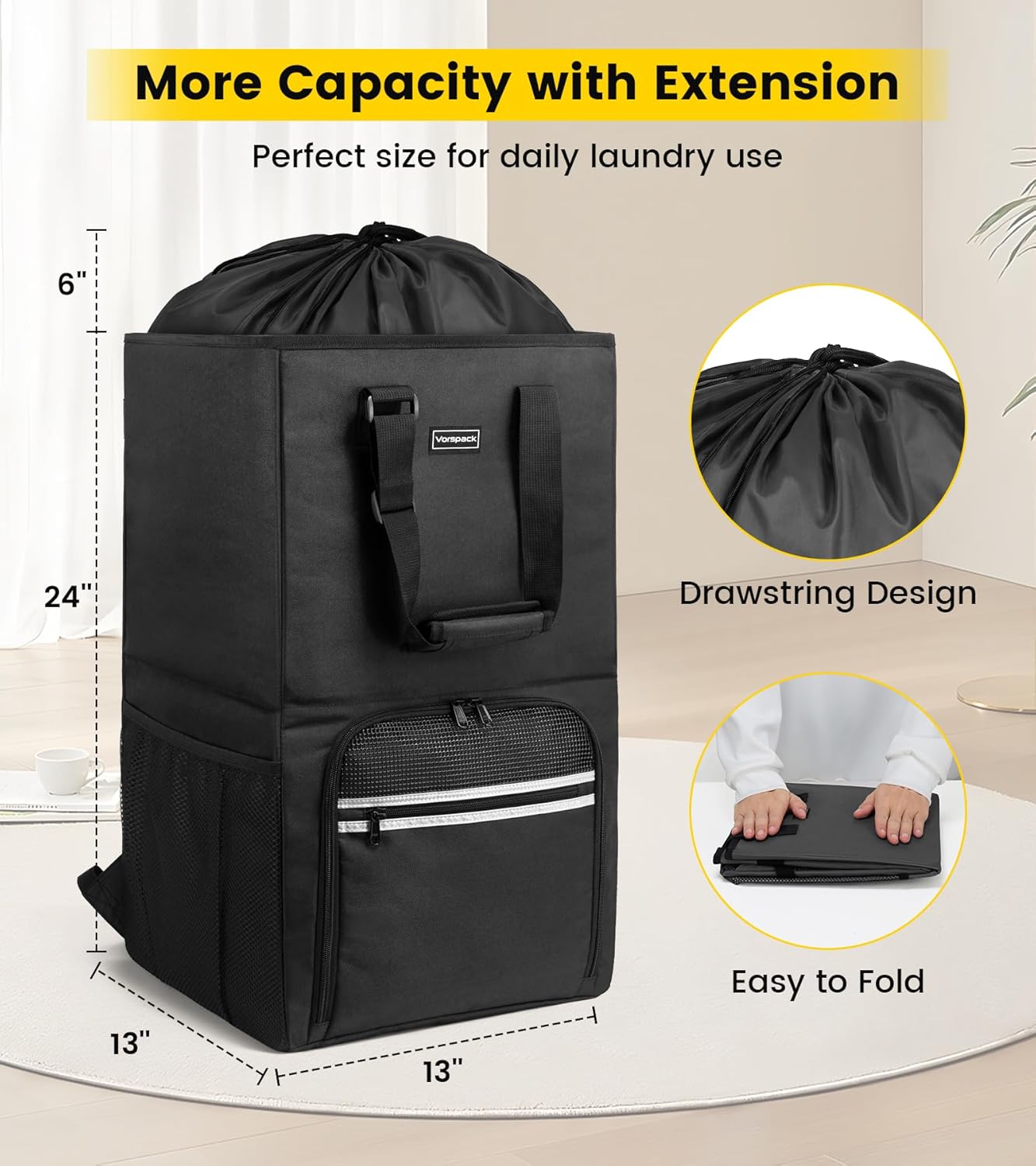 Vorspack Laundry Bag Backpack - Extra Large Heavy-Duty Hamper with Shoulder Straps | Ideal for College Dorms & Laundromats - Black