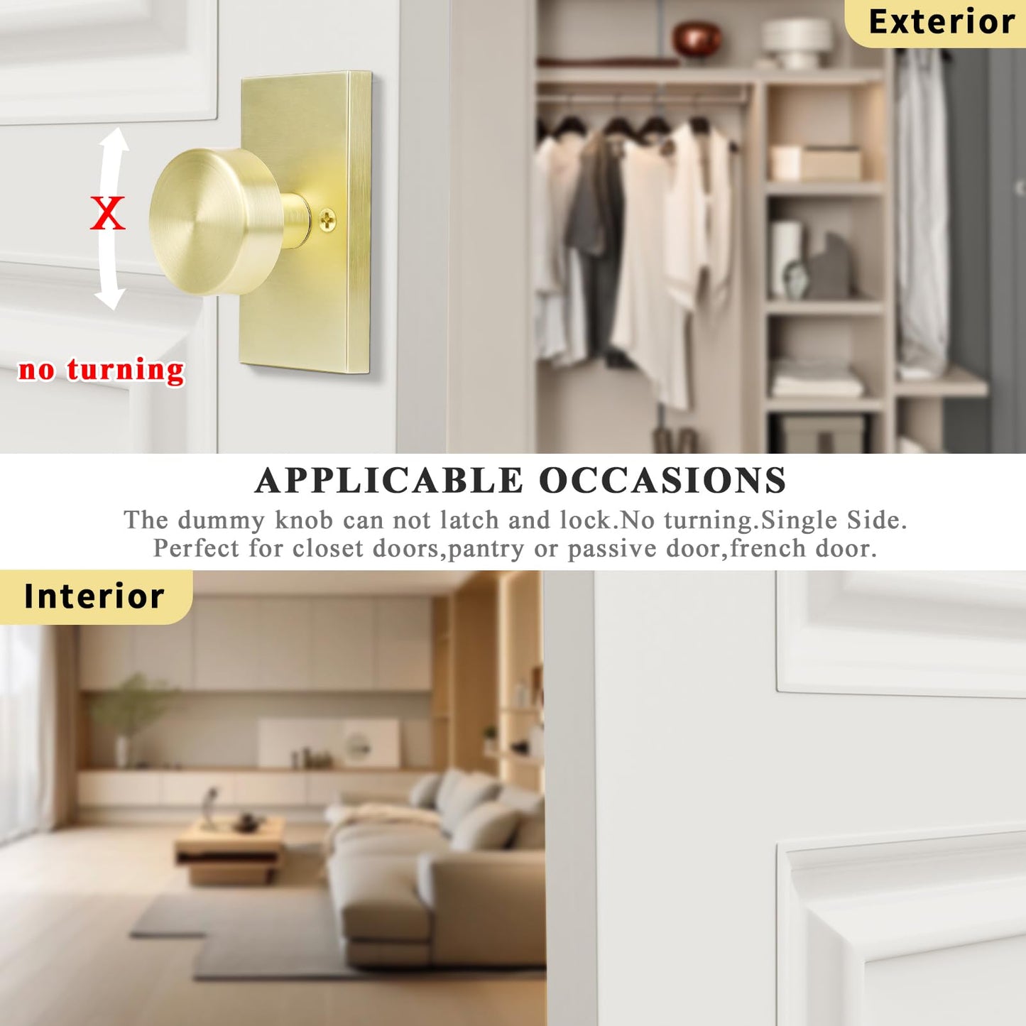 HIEMEY 4 Pack Satin Brass Dummy Door Knob Interior for Closet and Bifold, Gold Dummy Door Knobs