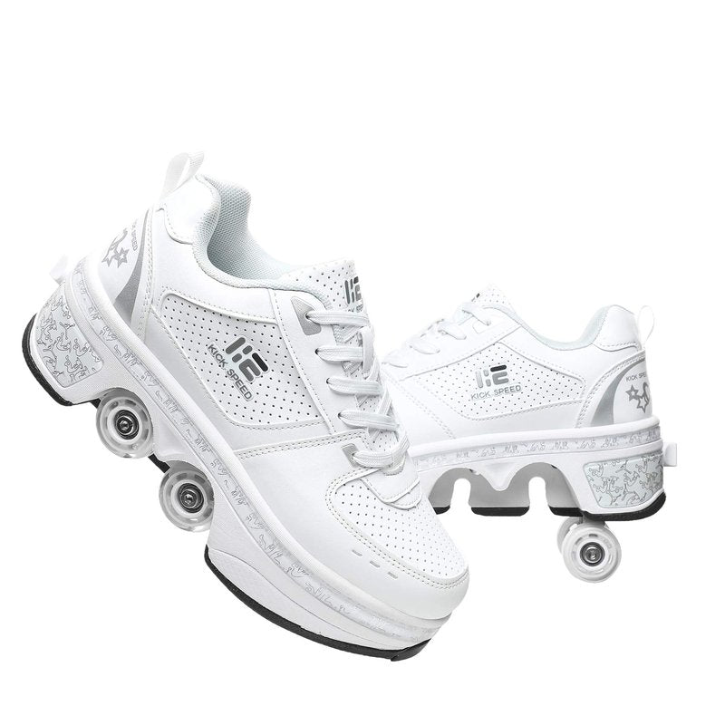 Pairobin 2-in-1 Roller Skates Shoes with Retractable 4 Wheels & Pop-Out Deformation Sneakers Outdoor Sports Skating Shoes for Girls Boys, White, 3.5