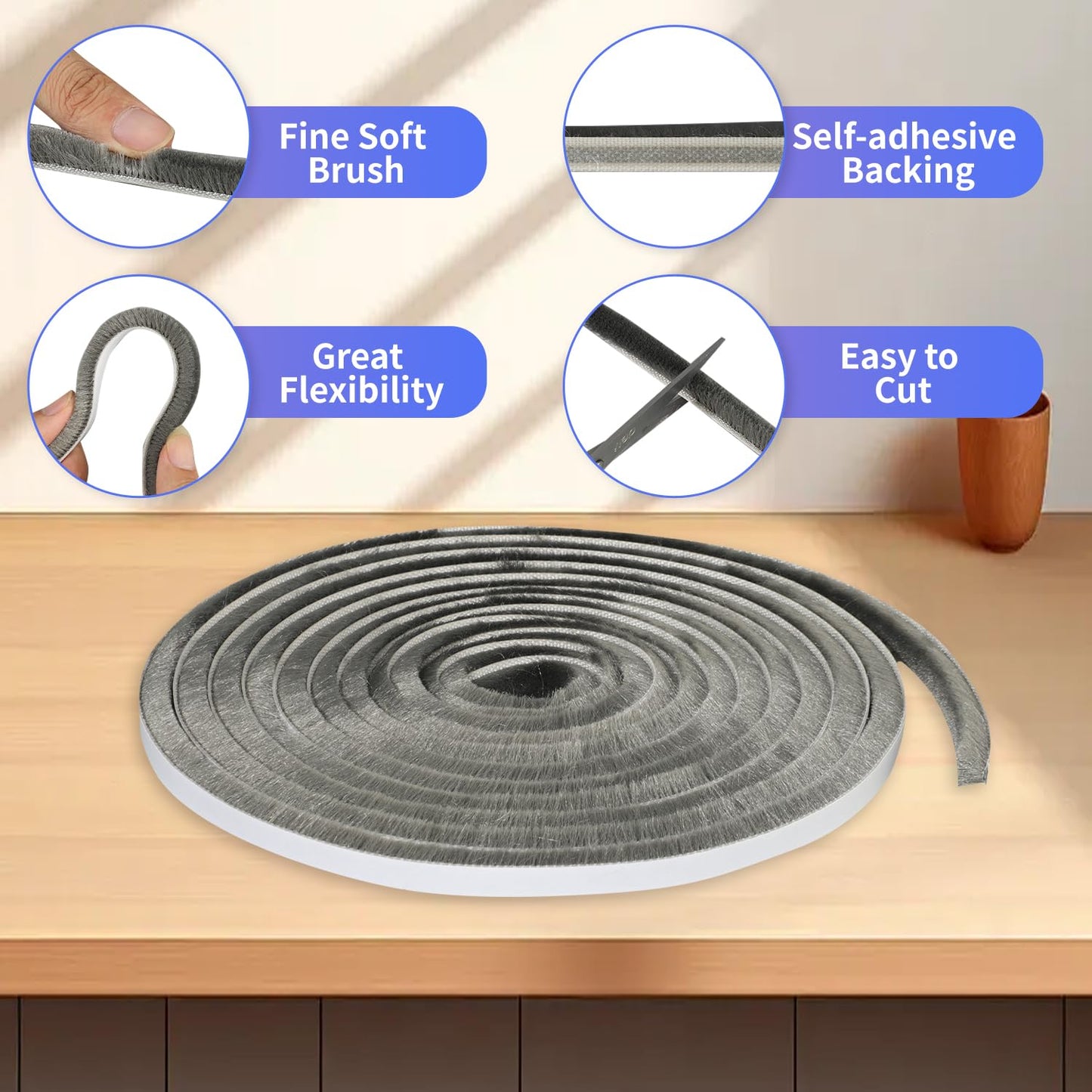 50Ft Self-Adhesive Brush Weather Stripping Door Seal 0.35" Wide x 0.2" Thick Neat Pile Brush Seal Strip for Doors and Windows Gray Soundproofing Weather Strip for Soundproof Windproof Dustproof