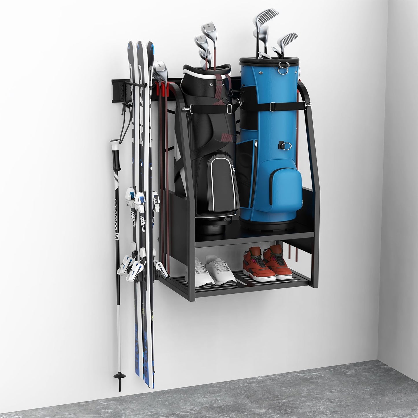WALMANN Wall Mount Golf Bag Organizer, 2 Golf Bags Stand Golfing Equipment and Accessories Storage Rack for Garage(Black)