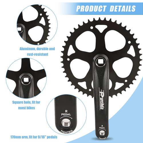 Bike Crankset for Ebike: 48T/52T Universal Bike Crankset Set Double Chain Cover 170mm Aluminium Alloy Arm for Single Speed and 6/7/8 Speeds Electric Bikes, Fat Tire Bike (Crank Removal Tool Included)