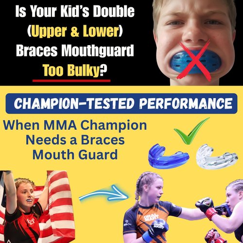 Oral Mart Braces Mouth Guard for Sports (Pure Clear) - Instant Fit (No Boil) Double (Upper & Lower) Mouthguard for Lacrosse, Hockey, Muay Thai, Football, MMA, Rugby, Karate, Boxing (with Case)
