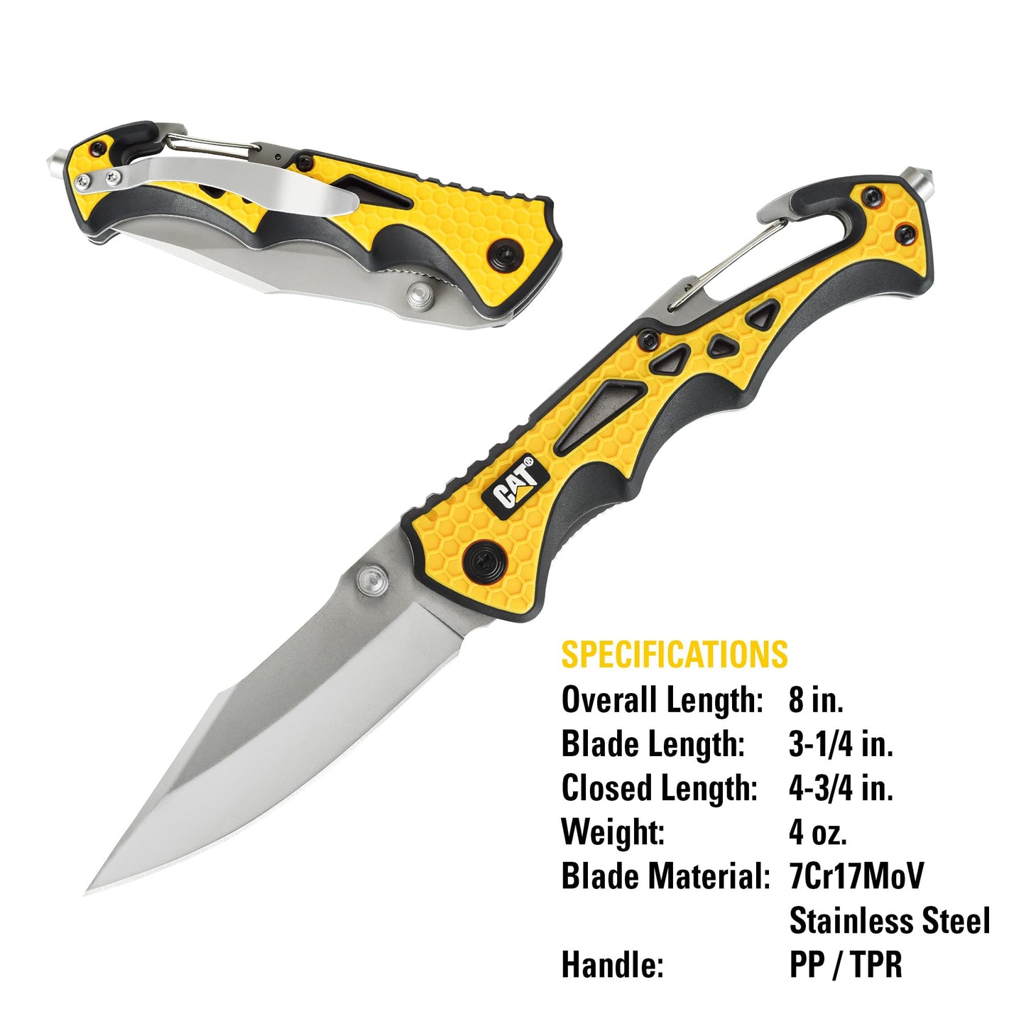 Cat 7-3/4 Inch Drop Point Folding Pocket Knife with Glass Break and Carabiner, Camping, Outdoors, Handy Pocket Clip, and Dual Thumb Studs, Every Day Carry - 980524