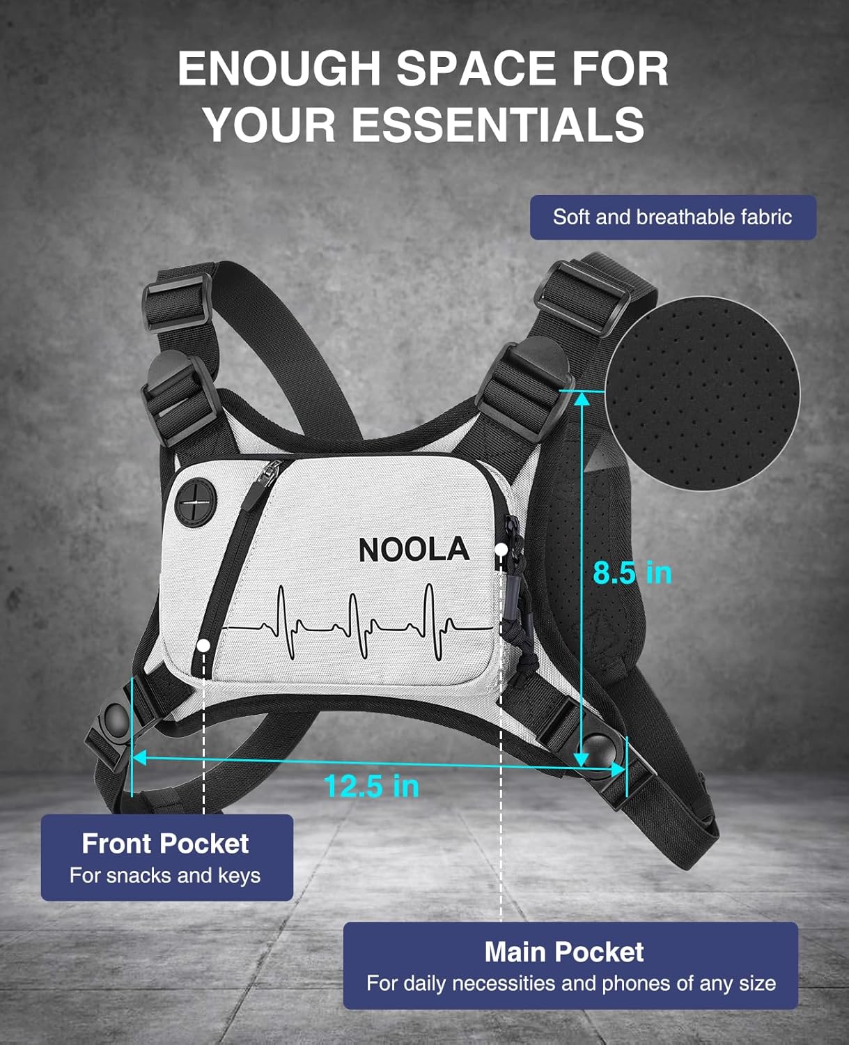 NOOLA Running Chest Pack - Lightweight Reflective Vest for Men & Women | Ideal for Jogging, Cycling, EDC - White