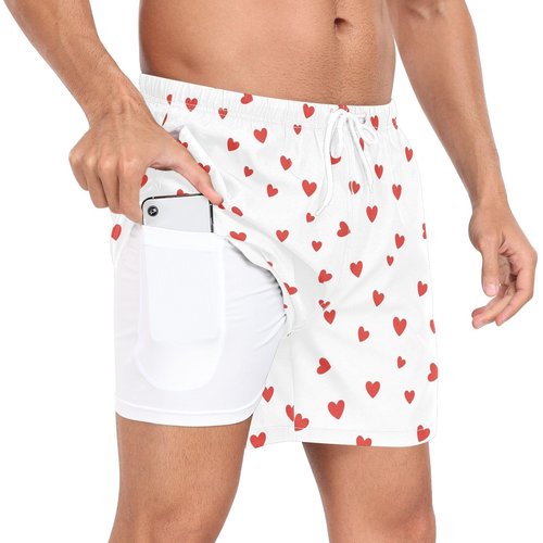 QUGRL Men's Casual Workout Shorts with Elastic Waistband Red Hearts White Mens Training Gym Drawstring Shorts Summer Medium, Valentine's Day