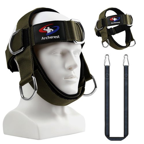 Fitness Neck Head Harness Trainer, Adjustable Chin Strap and Head Harness Strength with Nylon Tether, Neoprene Neck Exerciser for Weight Lifting, Home and Gym Use, Green