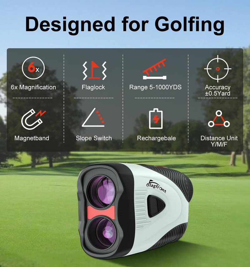 Flagfront Golf Rangefinder with Slope & Magnet, 1000Y Range Finder Golf, 6X Zoom, HD LCD, Flag Lock & Vibration, Rechargeable, Golf Accessories for Men