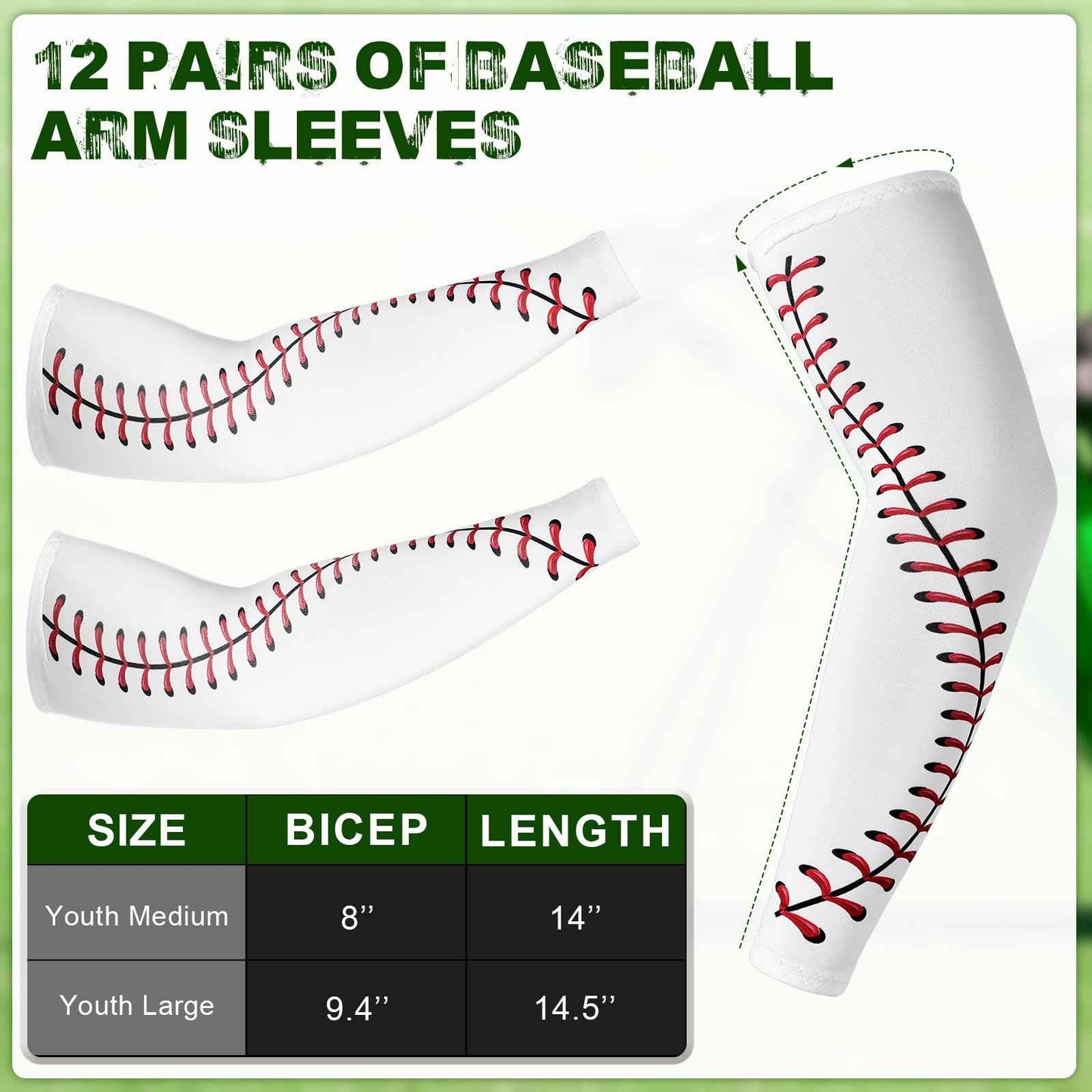 Cozypower 12 Pairs Baseball Sleeves for Youth Boys Sports Arm Softball Compression Kids Arm Sleeves for Sun Protection(YM,White)
