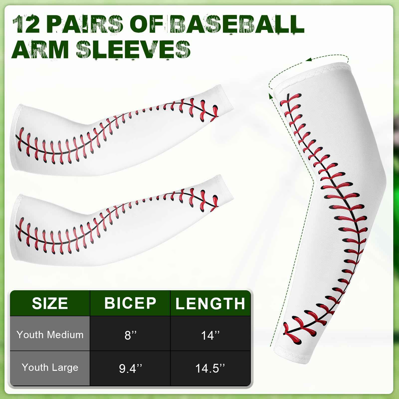 Cozypower 12 Pairs Baseball Sleeves for Youth Boys Sports Arm Softball Compression Kids Arm Sleeves for Sun Protection(YM,White)
