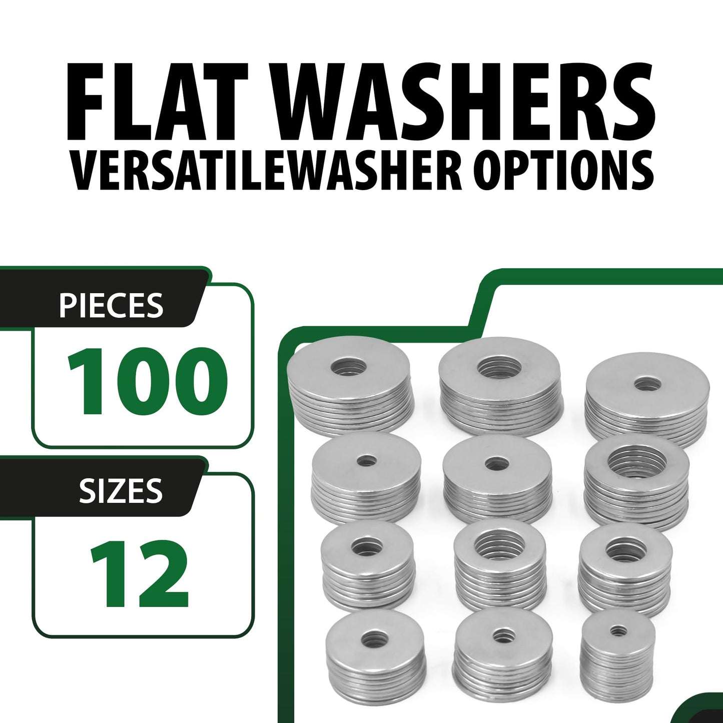 Fender Washers for Screws (100 Pcs) — 304 Stainless Steel Flat Washers Assortment Kit in Different Sizes (M3 M4 M5 M6 M8 M10 M12)—for Home & Industrial Usage