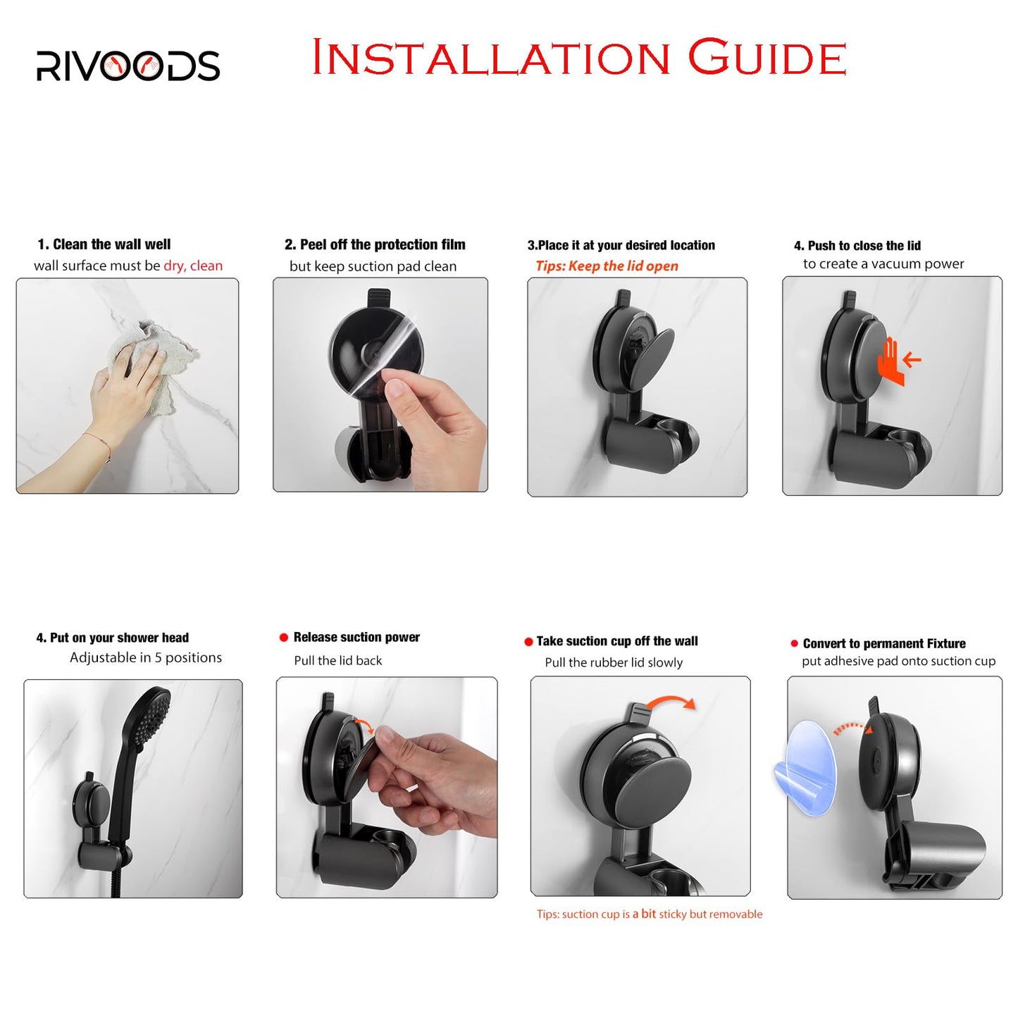 Suction Cup Hand held Shower Head Holder- Reusable - 5 Angles Adjustable - Bathroom Wall Mount Shower Wand Holder - Polished Chrome