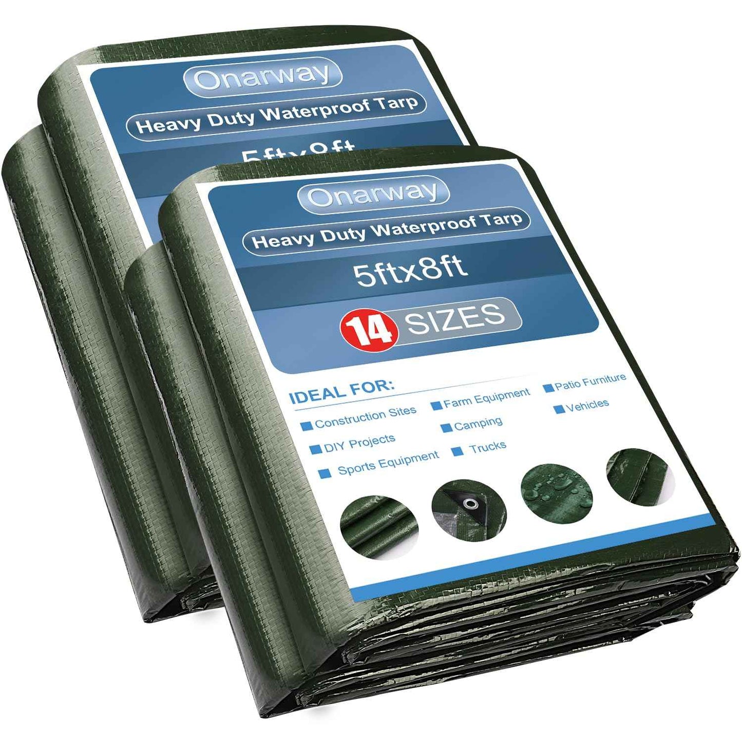 Onarway Poly Tarps Waterproof for Outdoor: Green Tarpaulin 6Mil Thicken 5x8 Ft 2Packs- Anti-UV Waterproof Tarp Cover with Grommets Multipurpose for Boat Pool Roof Camping
