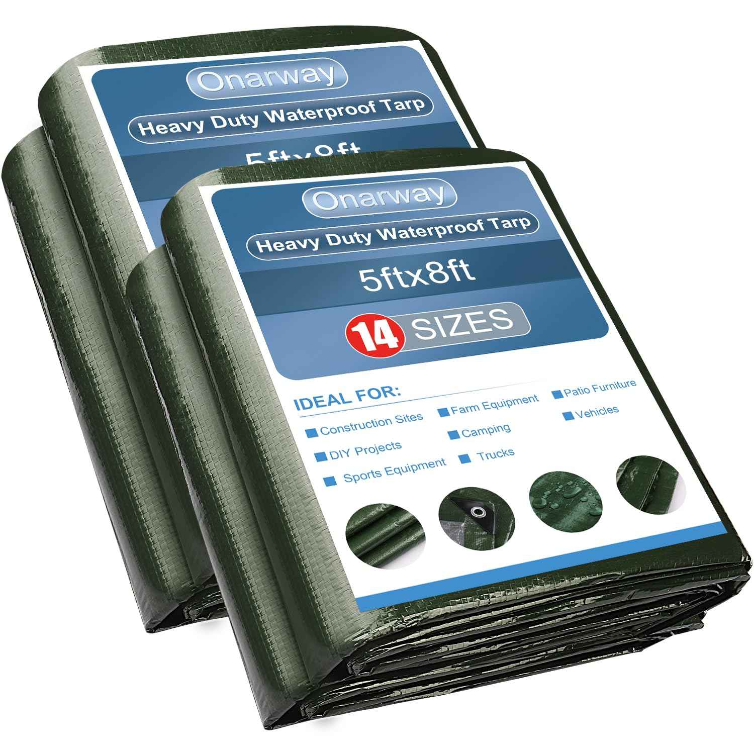Onarway Poly Tarps Waterproof for Outdoor: Green Tarpaulin 6Mil Thicken 5x8 Ft 2Packs- Anti-UV Waterproof Tarp Cover with Grommets Multipurpose for Boat Pool Roof Camping
