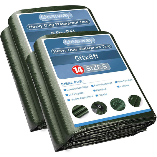 Onarway Poly Tarps Waterproof for Outdoor: Green Tarpaulin 6Mil Thicken 5x8 Ft 2Packs- Anti-UV Waterproof Tarp Cover with Grommets Multipurpose for Boat Pool Roof Camping