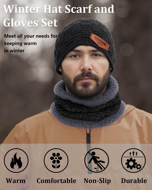 Senker Fashion Winter Hats Scarf and Gloves Set for Men Women, Slouchy Beanie Cap Neck Warmer Screen Touch Gloves Gifts Black