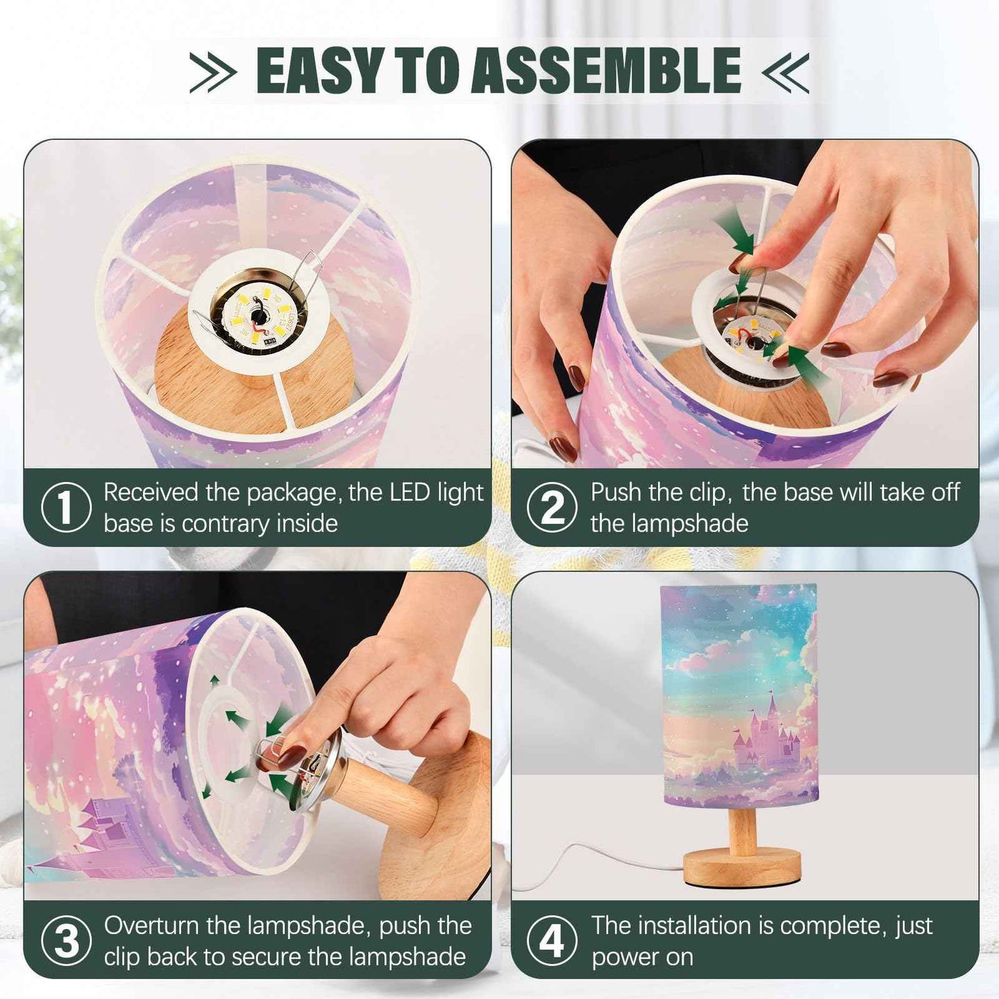 BOENLE Bedside Lamp Princess Castle Pink Sky Table Lamp for Bedroom LED Nightstand Lamp Shade USB Ports Wood Base for Living Room Dorm Office