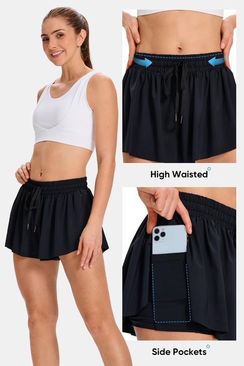 Flowy Athletic Shorts for Women Gym Yoga Workout Running Sweat Short Pants spandex Butterfly Tennis Skort Skirt with Pockets underneath Girls Cute Comfy Trendy Clothes Casual Summer Outfits 5" Black L