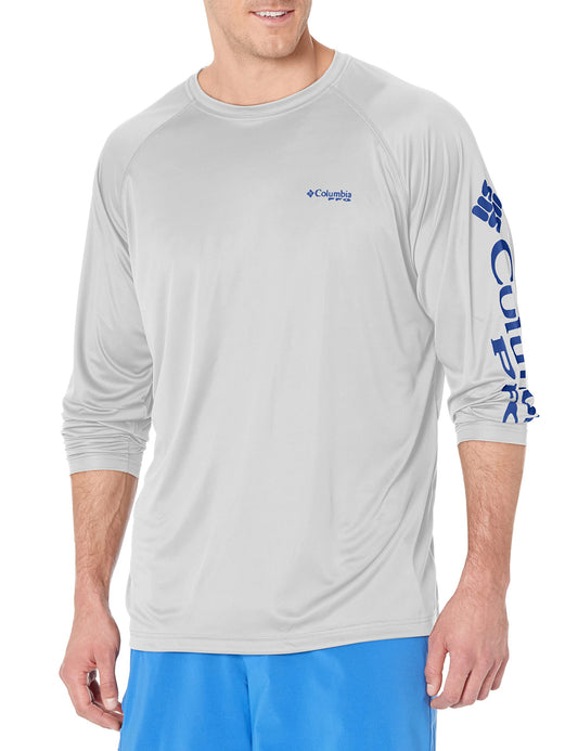 Columbia Men's PFG Terminal Tackle Long Sleeve Fishing Shirt, Cool Grey/Vivid Blue Logo, 2X