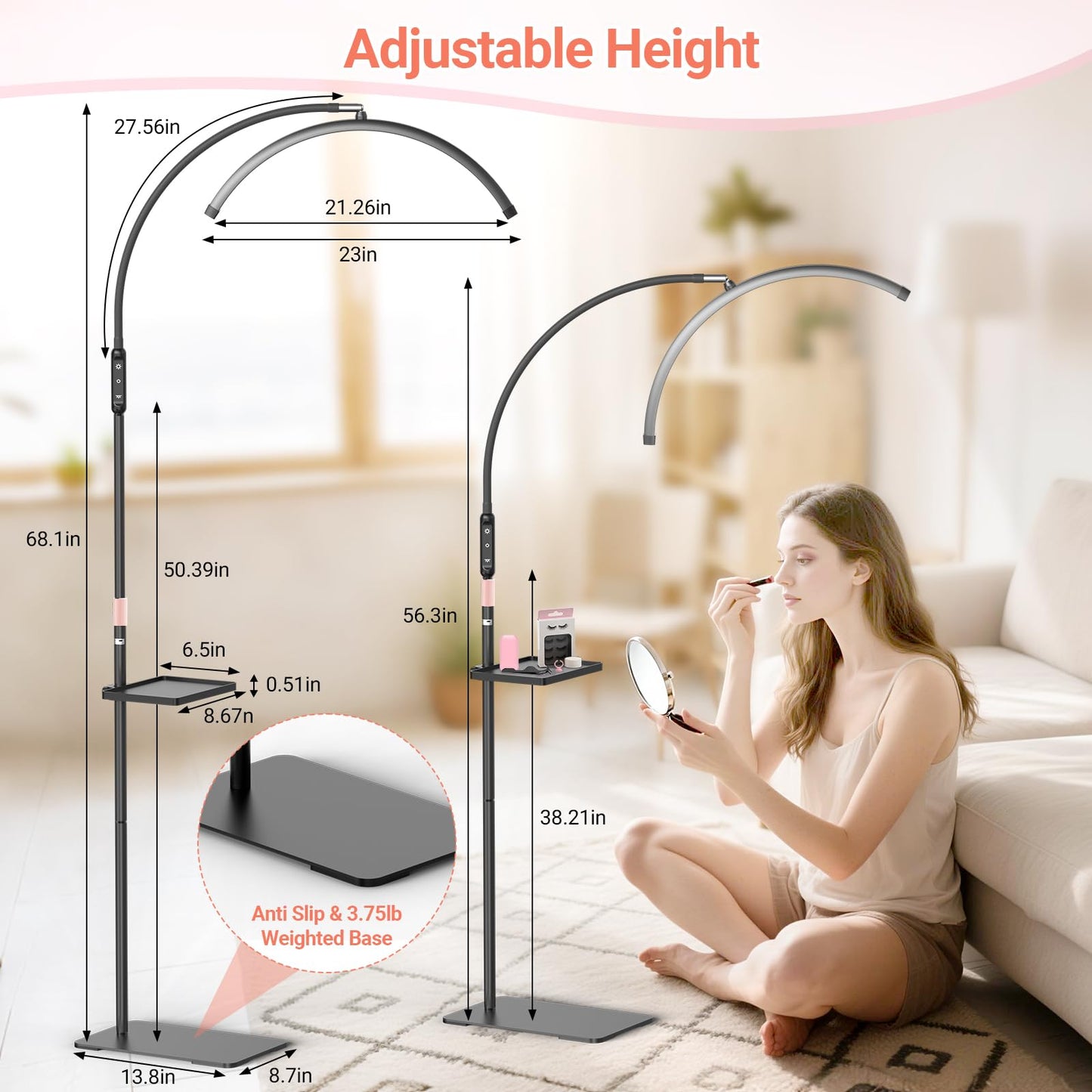 LIONVISON Half Moon Lash Light: 6500K LED Lamp Ring Light with Tray - 360° Flexible Gooseneck Durable Metal Stand - Salon Use for Lash Artists Eyelash Extensions (23In Black)